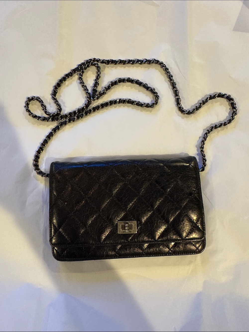 CHANEL Black Quilted Leather Crossbody with Chain Strap
